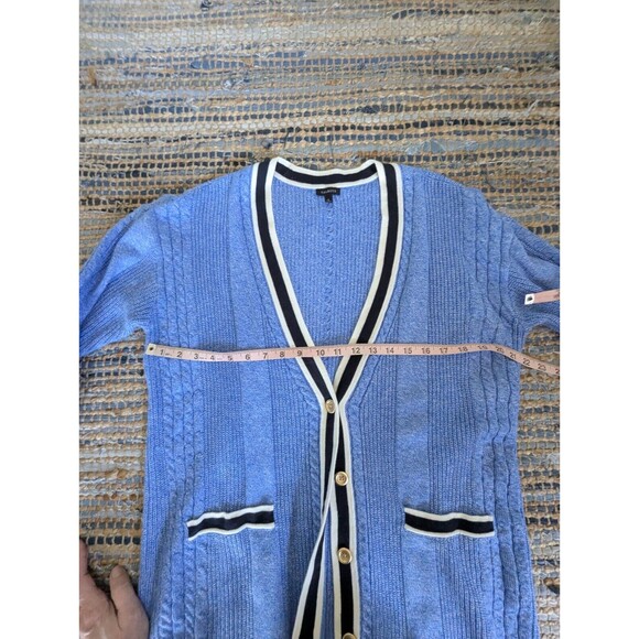 Talbots Iris Blue Cable Knit Tipped Girlfriend Cardigan Sweater L 4 Button - Picture 6 of 7
